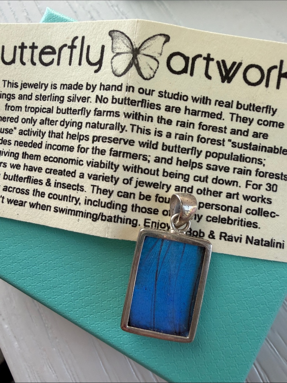 Butterfly Artworks 2-sided Blue Rectangle Sterling Silver Butterfly Wing Pendant